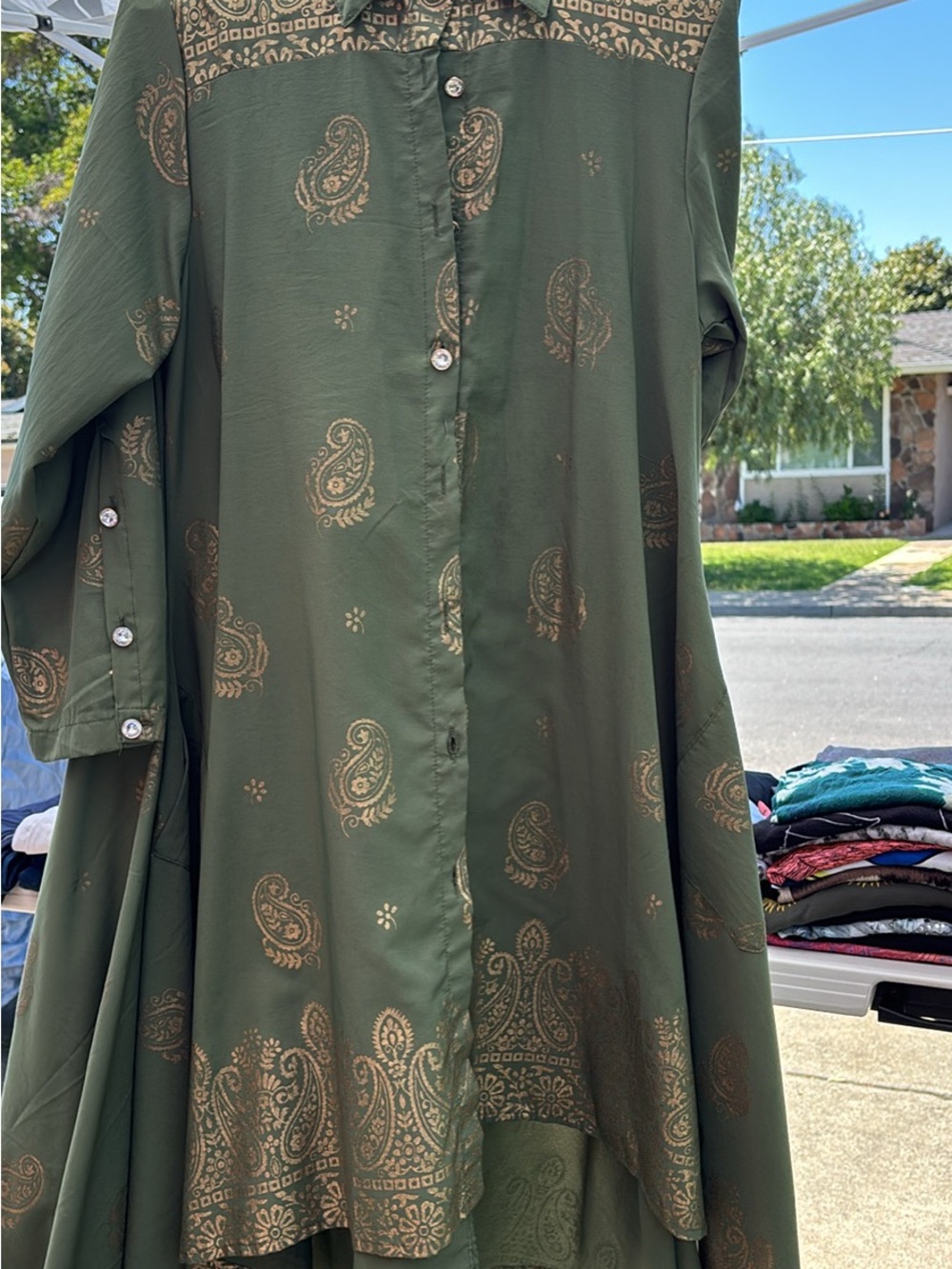 Olive Green Paisley Button-Front Women's Dress